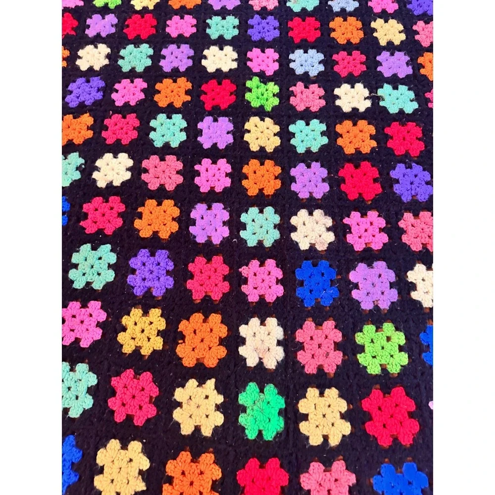 Crochet Granny‎ Square Blanket Multi Color Fringe Boho Throw 60